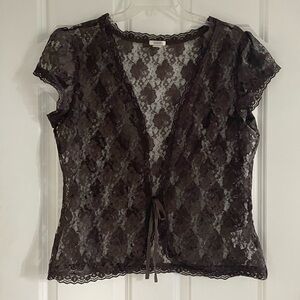 Old Navy Lace Top XL Babydoll Y2K Tie Front Brown Whimsigoth Boho Coquette NWOT